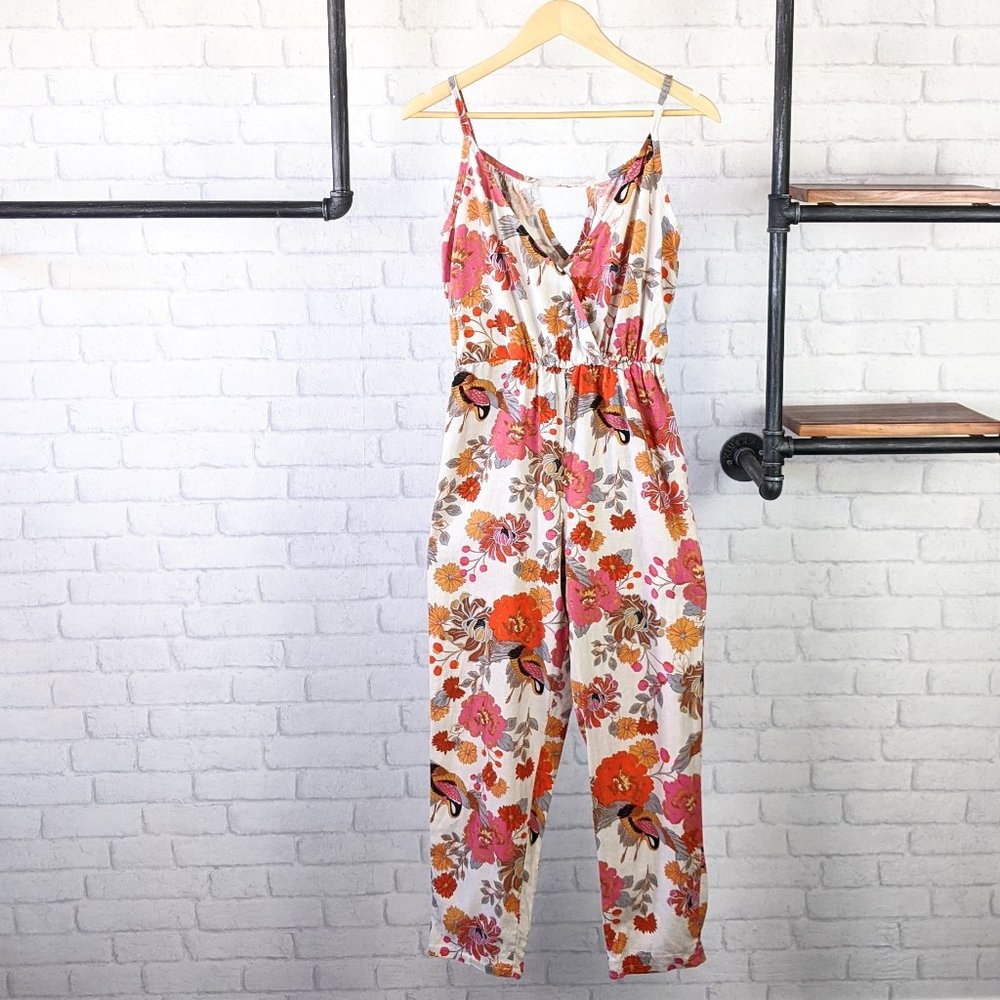 Retro Floral & Crain Linen V-Neck Jumpsuit | Pink